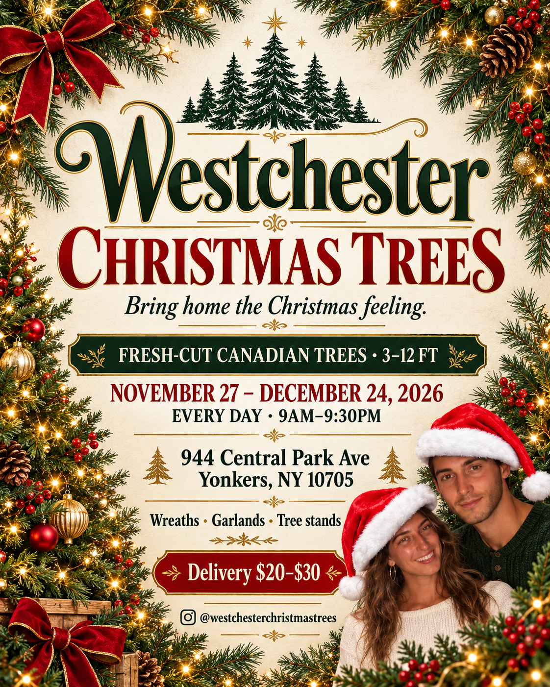 Westchester Christmas Trees holiday flyer with festive evergreens and two smiling staff members in Santa hats. Fresh Canadian trees, 3–12 feet. November 27–December 24, daily 9am–9:30pm. 944 Central Park Ave, Yonkers NY 10705. Delivery $20–$30.